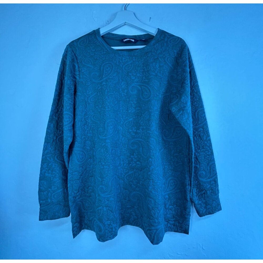 Lands' End Womens Casual Green Paisley Embossed Textured Sweater Top Large 14-16